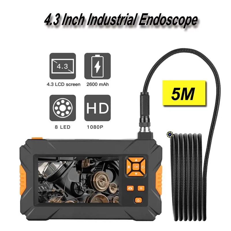 1080P HD 8mm Endüstriyel Endoskop 4.3 İnç Oto Tamir Muayene Kamera Endoskop Lityum Pil 1/3 / 5m Yılan Tüp Kamera