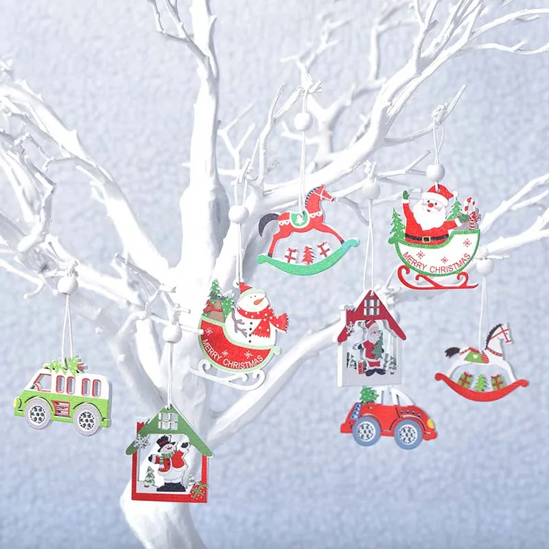 12 adet Karikatür Araba/At/Ev Noel Ahşap Süsler Noel Ağacı Ahşap El Sanatları Asılı Kolye İçin Parti DIY Dekor Noel Hediyeleri
