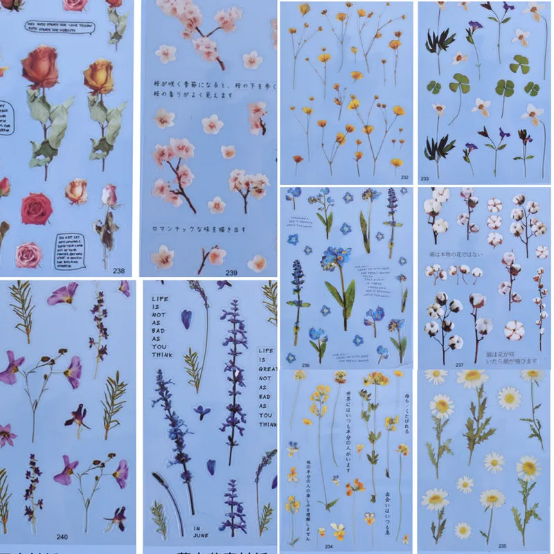 12 Tasarımlar DIY Doğal Papatya Yonca Çiçek Malzeme Sticker Japon Kelimeler Çiçekler Yapraklar Bitkiler Dekoratif Çıkartmalar Yapma YENİ
