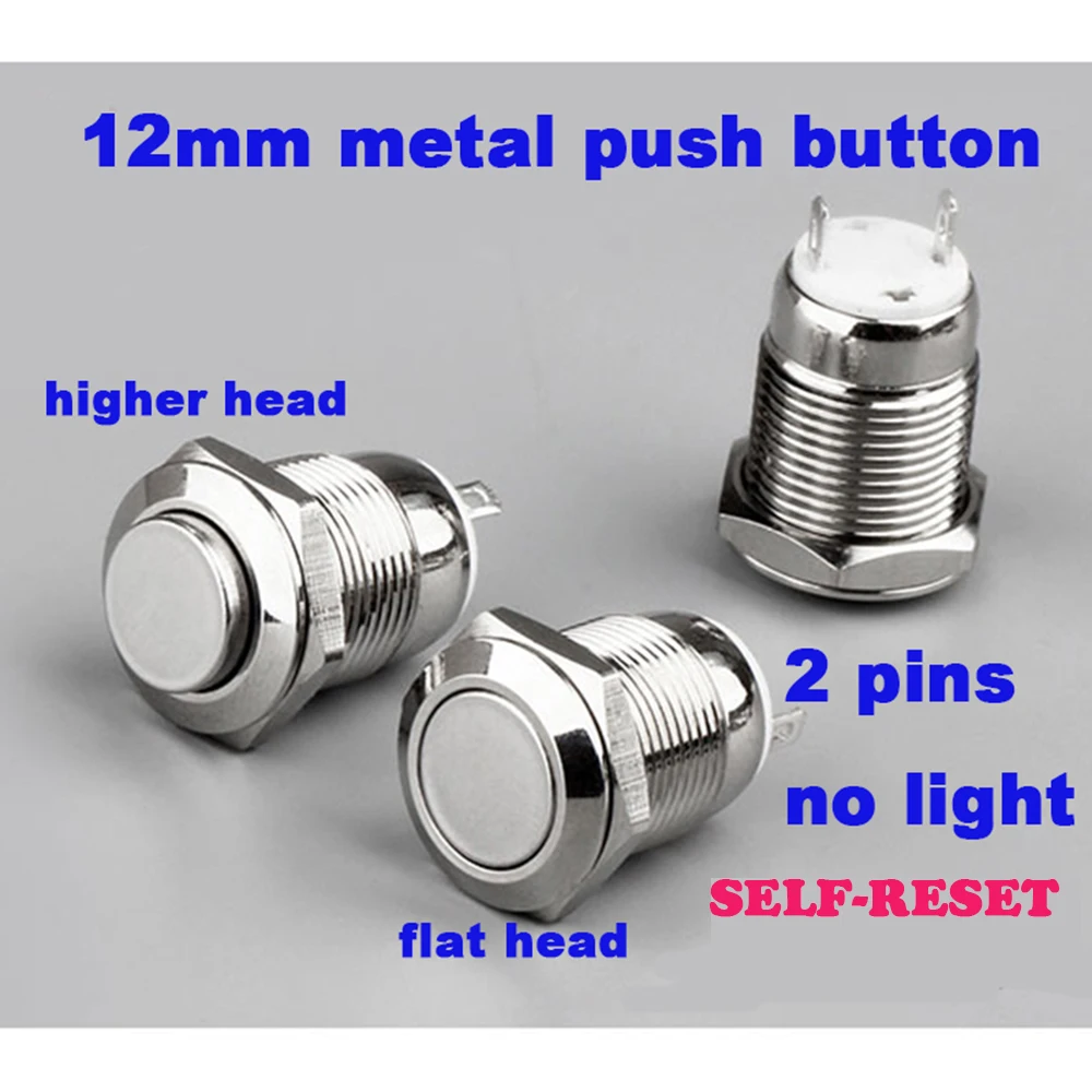 12mm 2pins Metal Düğme Anahtarı Paneli Delik anlık Güç Push Button düz yuvarlak Kafa ışık Kendini sıfırlama su geçirmez anahtarı