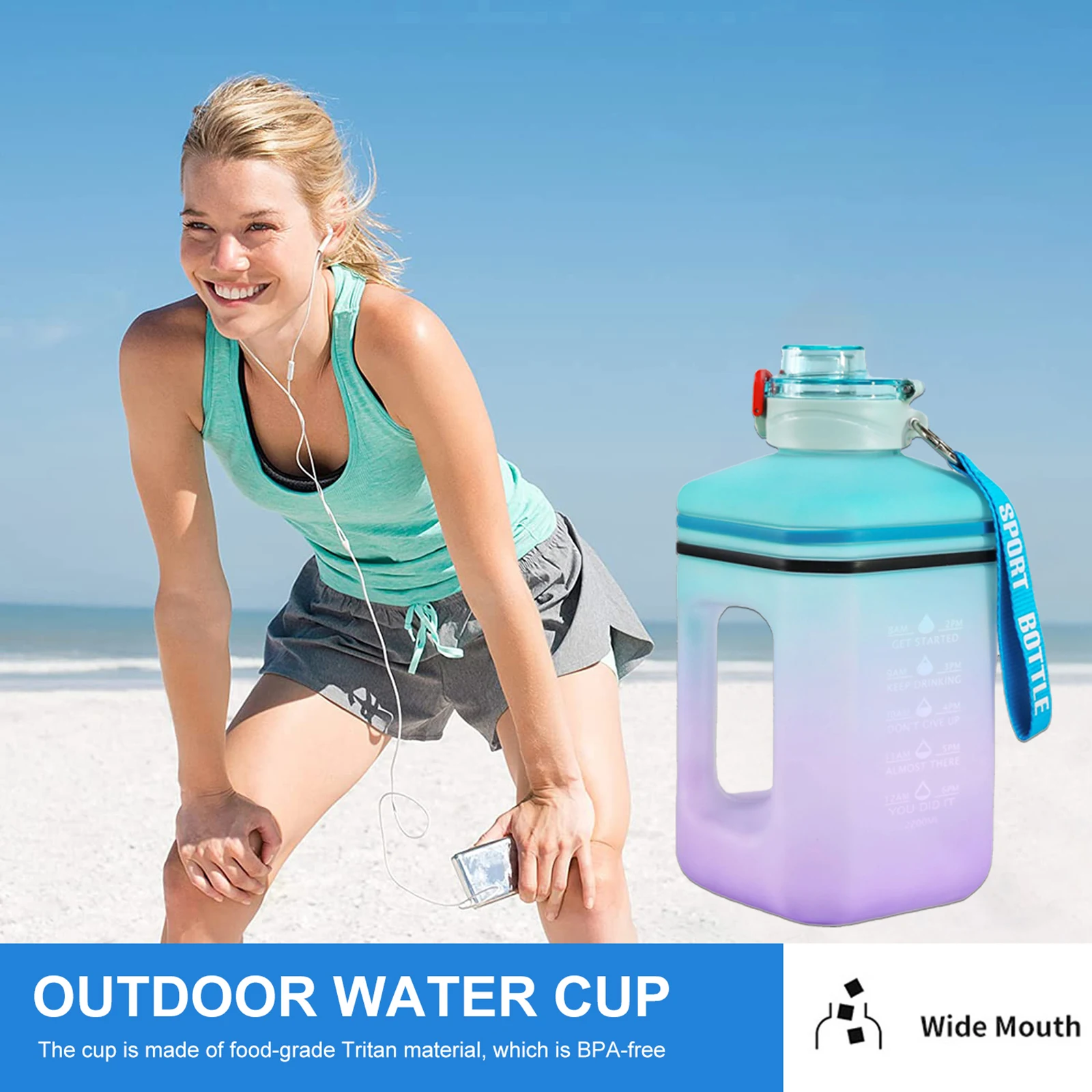 2.2 L içecek bardakları Büyük Kapasiteli Degrade Taşınabilir Kupa Sızdırmaz Spor içme suyu şişesi Halat ve Ölçekli Kamp Yürüyüş için