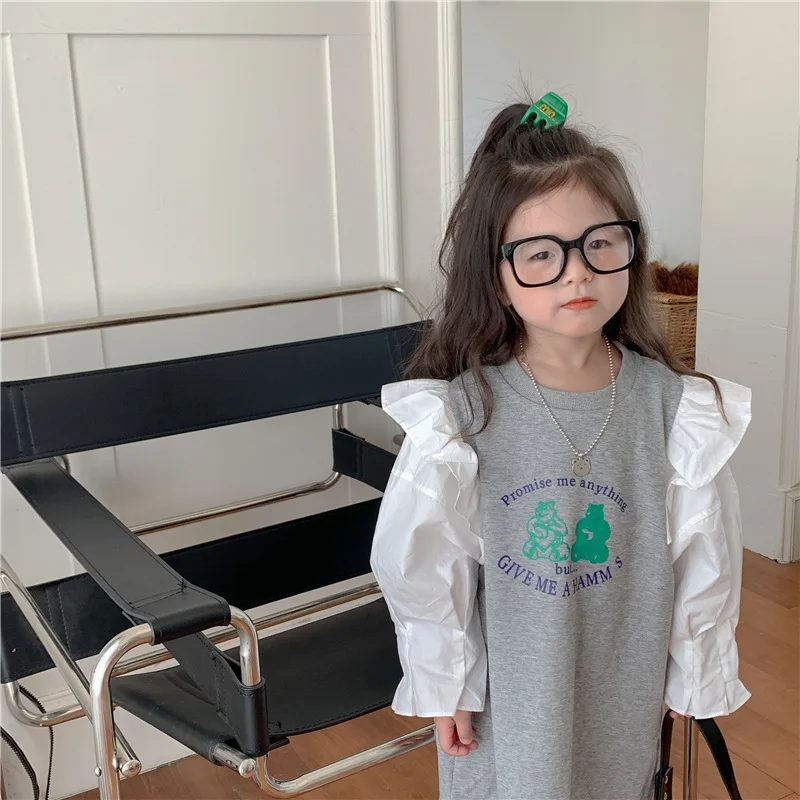 2023 İlkbahar Yaz Yeni Kore Sevimli Kız Ayı Baskı Fırfır Sinek Kollu Renk Kontrast Sahte İki parçalı Elbiseler Bebek çocuk