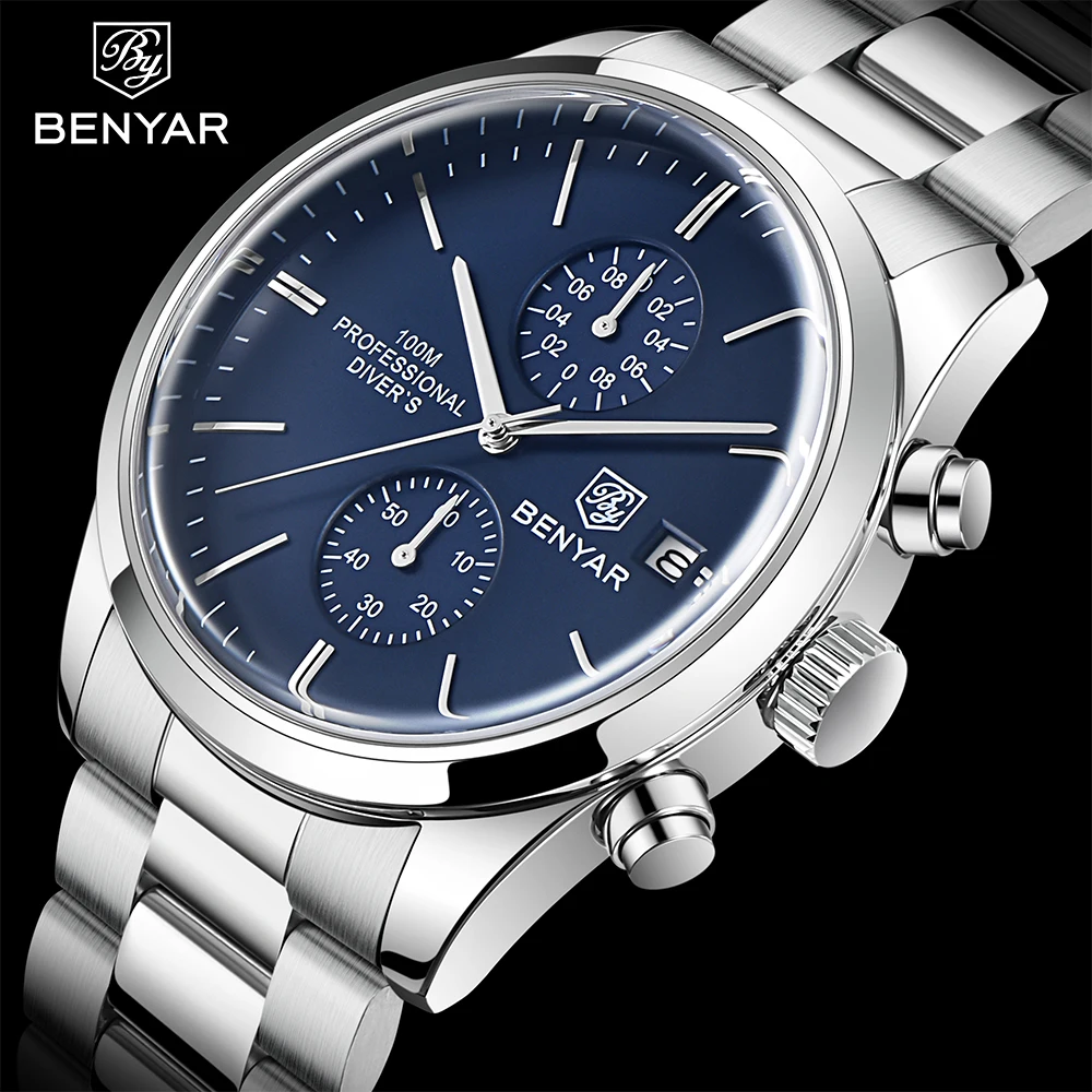 2023 Yeni Benyar Spor quartz saat Luxury100M Su Geçirmez Chronograph Moda Deri Askeri Saat Relojes Hombre