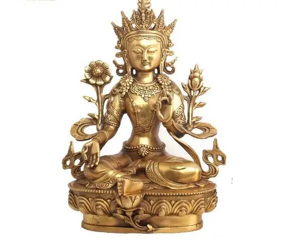 20cm. 30 cm Çin Budizm Saf Bakır Pirinç Kwan-Yin Bodhisattva heykeli