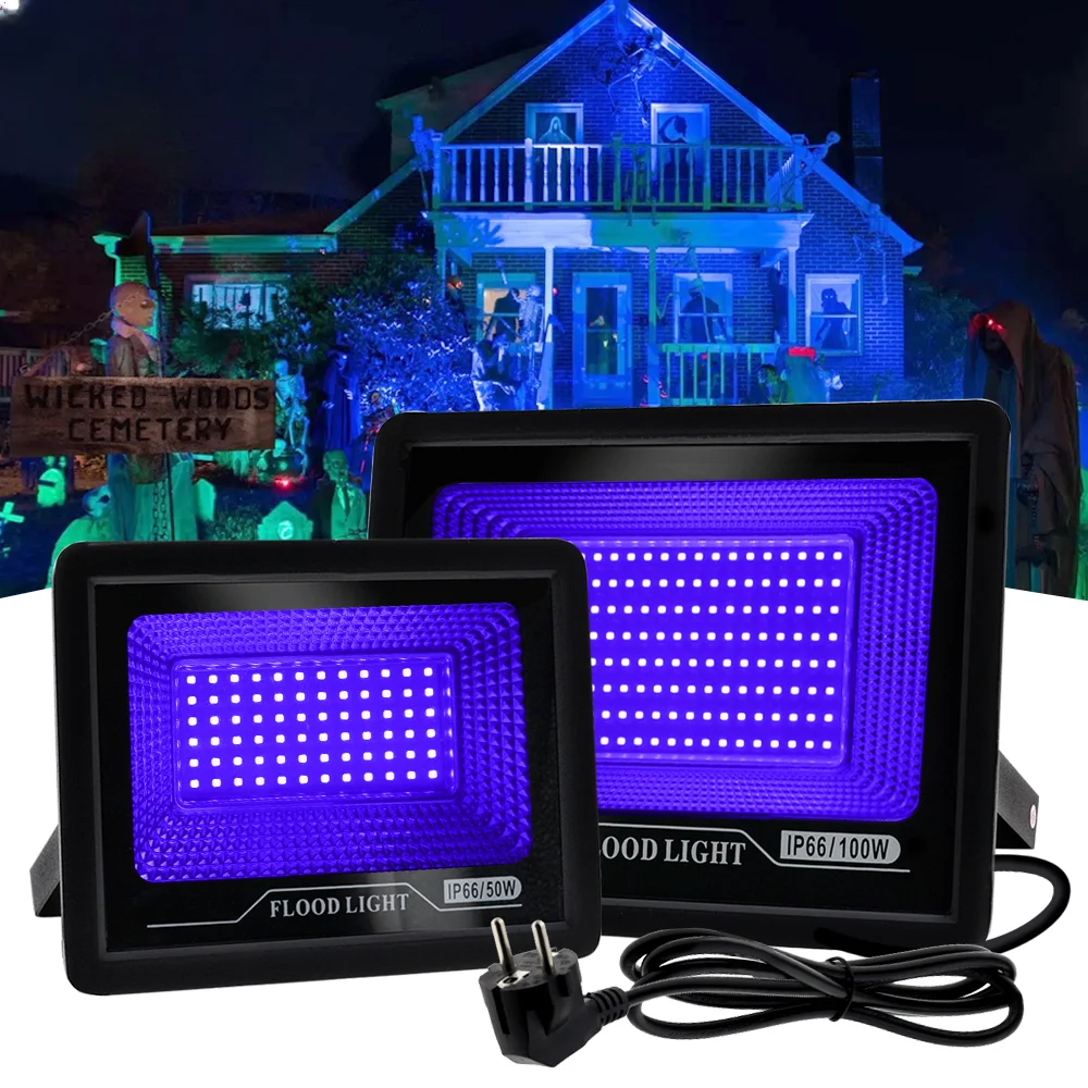 220V LED UV Siyah projektör Floresan Sahne Lambası 50W 100W Ultraviyole BlackLight Su Geçirmez Projektör Parti Cadılar Bayramı Dekor