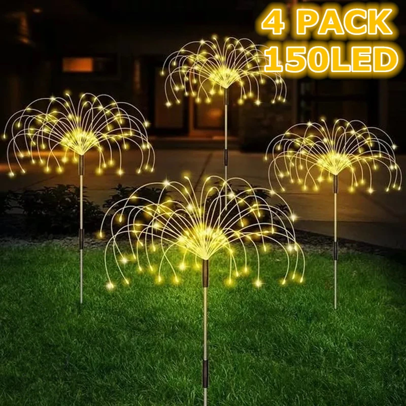 4 Paket 150LED Güneş Havai Fişek ışıkları Su Geçirmez Açık DIY Şekli Lamba Flaş Dize Peri İşıklar Bahçe Peyzaj Çim Dekor