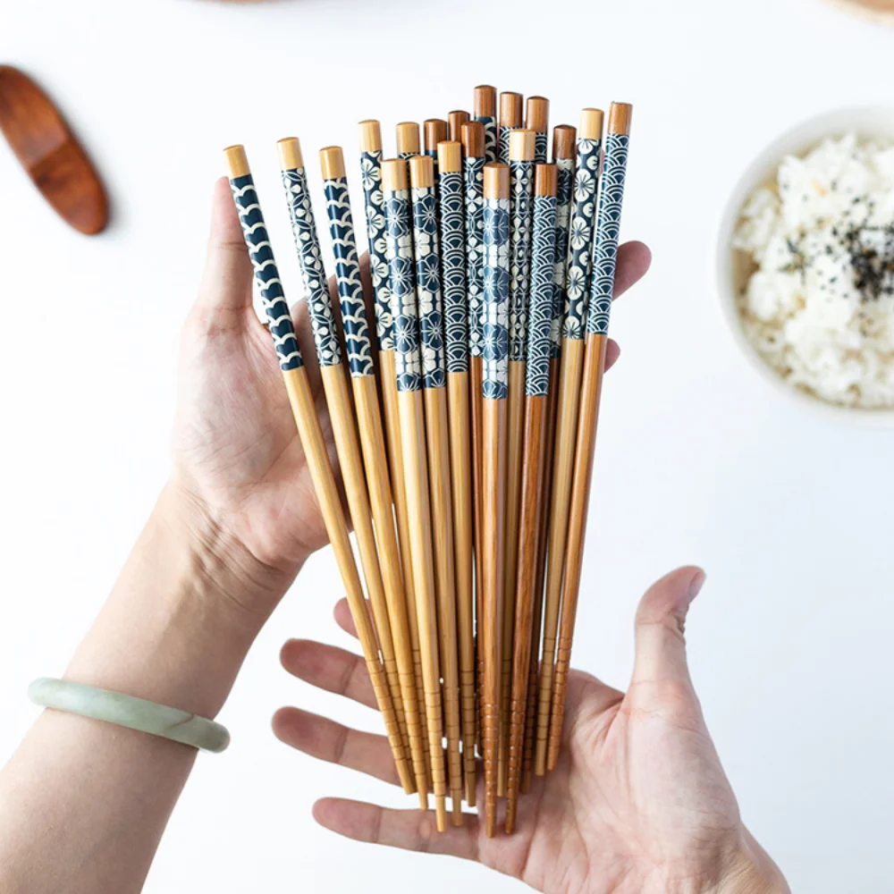 5 çift Japon tarzı ve rüzgar mavi baskı çubuklarını ev kaymaz bambu çubuklarını aile sofra