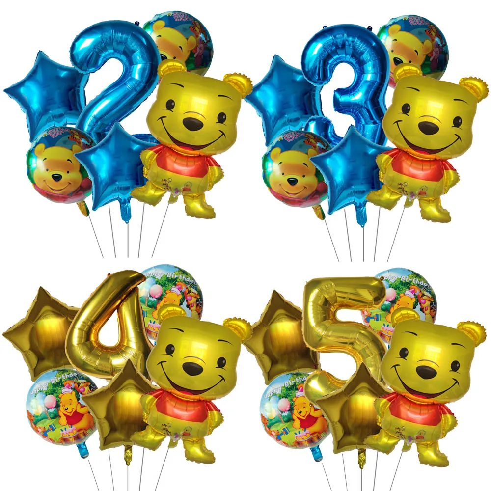 6 adet / takım Disney Winnie The Pooh Balonlar Doğum Günü Partisi Süslemeleri Bebek Duş Altın Numarası Alüminyum Balonlar Çocuk Oyuncakları Globos