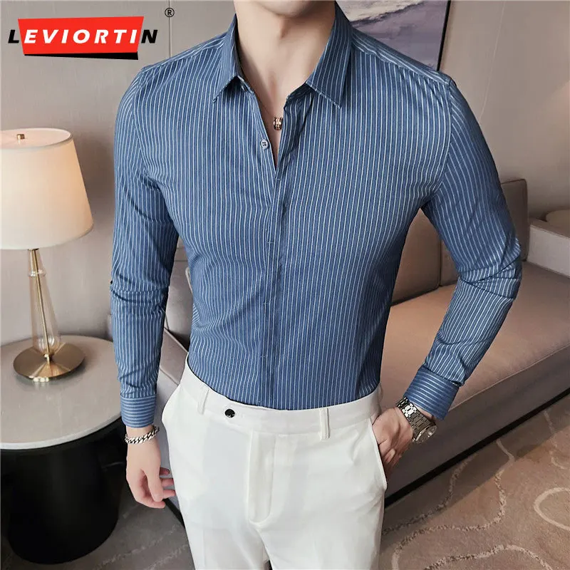 Artı Boyutu 4XL-M Iş resmi giysi Erkekler Uzun Kollu Sosyal Gömlek Kapalı Düğme Slim Fit Casual Çizgili Ofis Bluz Homme Sıcak