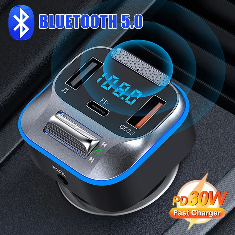 Bluetooth 5.0 araç FM verici Handsfree kablosuz MP3 Çalar PD30W QC3. 0 çift USB hızlı şarj ortam ışığı araç kiti