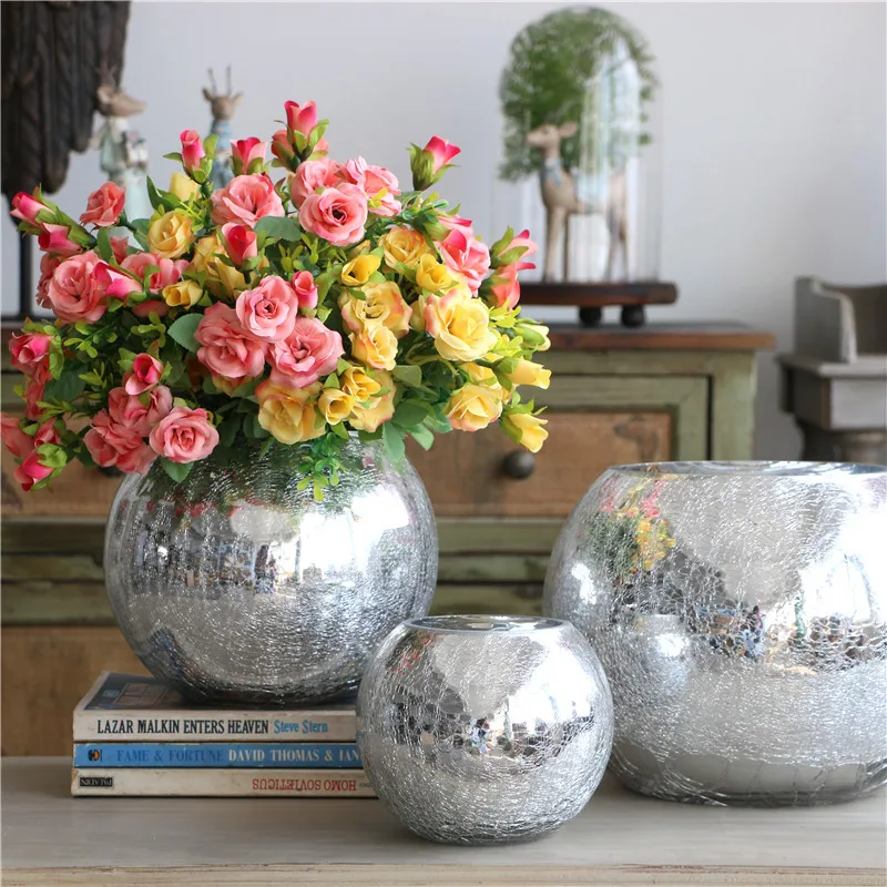 Cam vazo çiçek renkli cam vazo topu cam vazo düğün kurutulmuş çiçek depolama dekorasyon ışık lüks galvanik hediye
