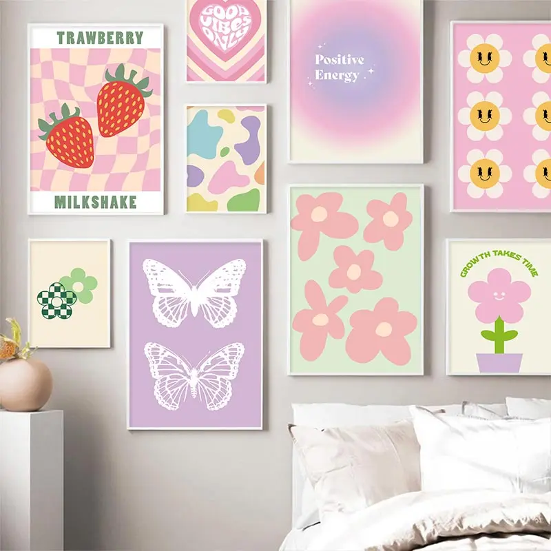 Danimarka Pastel Poster Estetik Renkli Tuval Boyama Gökkuşağı Mor Yeşil Kalp Kelebek Çiçek Duvar sanat baskı yatak odası dekoru
