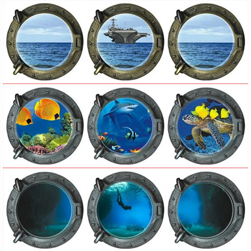 Denizaltı Sahte Pencere Çıkartmaları Gemi Deniz Dibi Dünya Derin Deniz Dalgıç Triptik 3D Vinil Duvar Çıkartmaları Ev Dekorasyon Duvar Kağıdı 33 * 33CM
