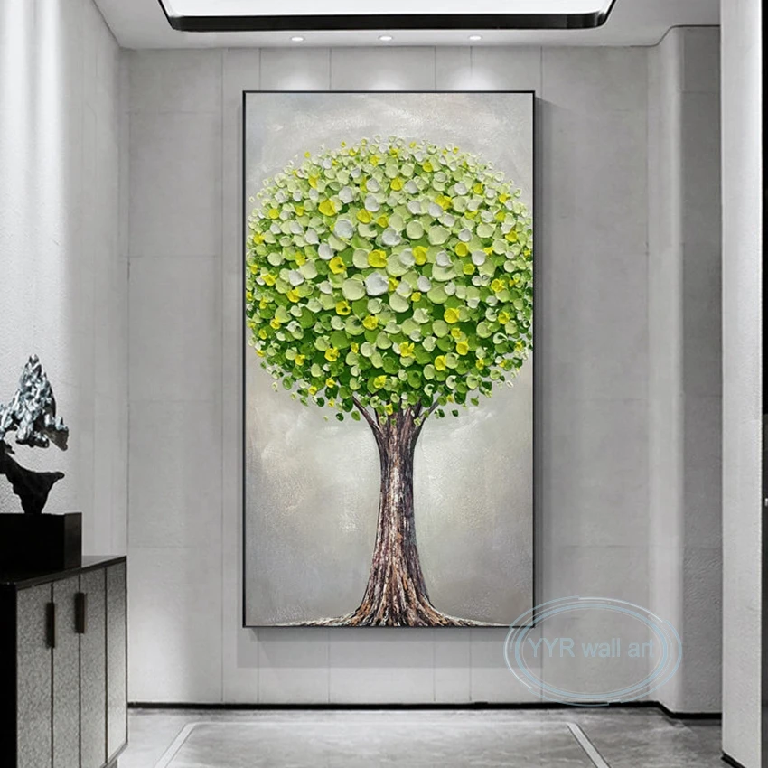Duvar Sanatı Soyut Dekor Çizim El Yapımı Yağlıboya Yeşil Servet Ağacı Tuval Duvar Oturma Odası Yatak Odası Sundurma Asılı Poster