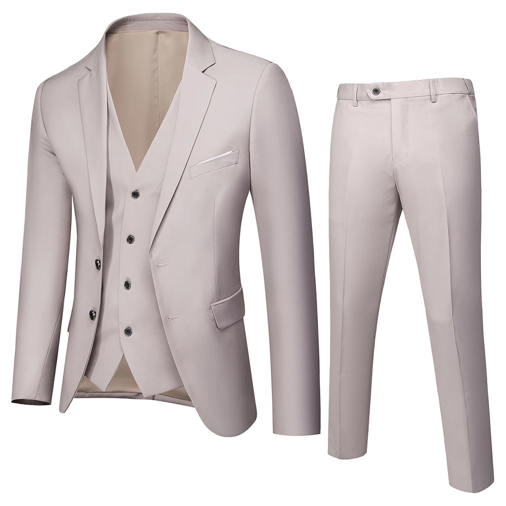 Erkek butik iş düğün takım elbise 3 parça set, yüksek kaliteli düz renk resmi elbise seti, erkek çift düğme takım elbise M-5XL