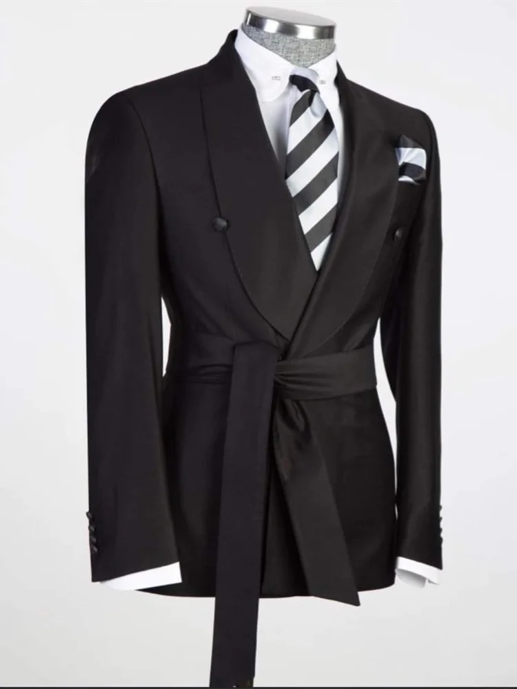 Erkek Takım Elbise Özel Tek Parça Blazer Bir Düğme Kemer Düğün Şeffaf Saten Yaka Slim Fit Resmi Custom Made Artı Boyutu
