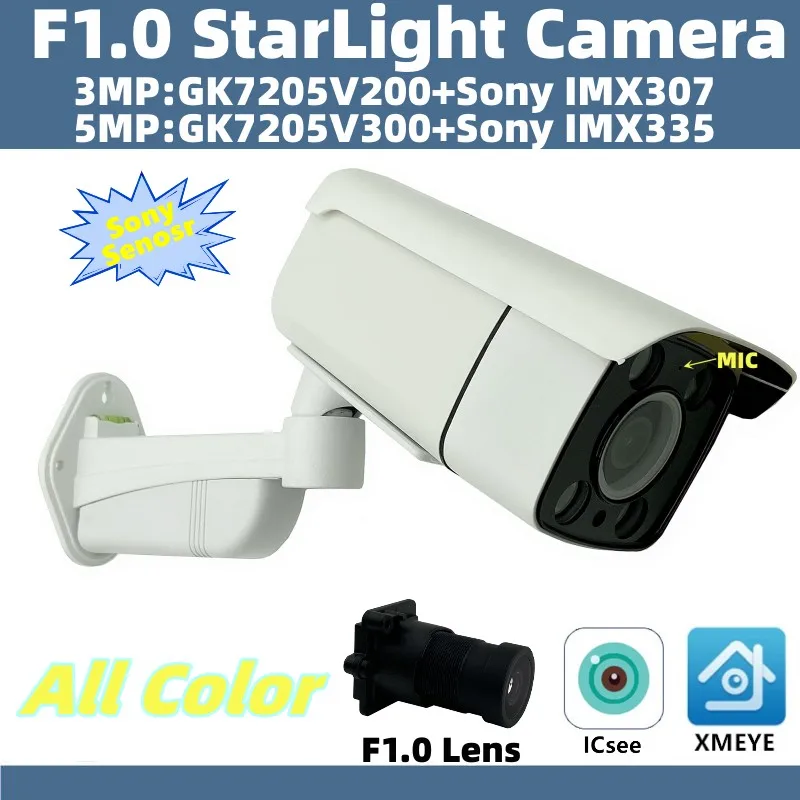 F1. 0 Lens 5 / 3MP IMX335 IMX307 IP Metal Bullet Kamera StarLight H. 265 Onvıf P2P Yüz Algılama WarmLight Açık Tüm Renk P2P