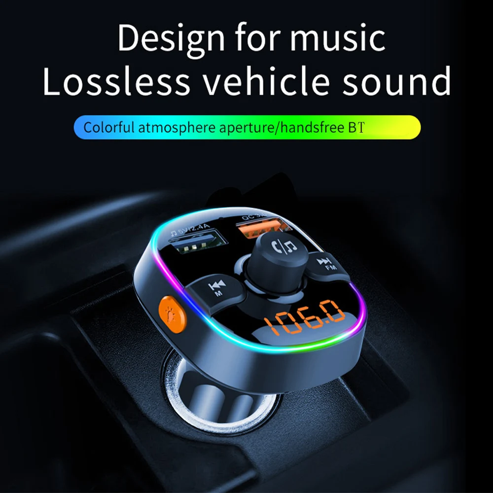 FM Verici Bluetooth 5.0 Araba MP3 Çalar Kablosuz Handsfree Ses Alıcısı USB QC3. 0 Şarj TF Kart / U Disk Ortam ışığı