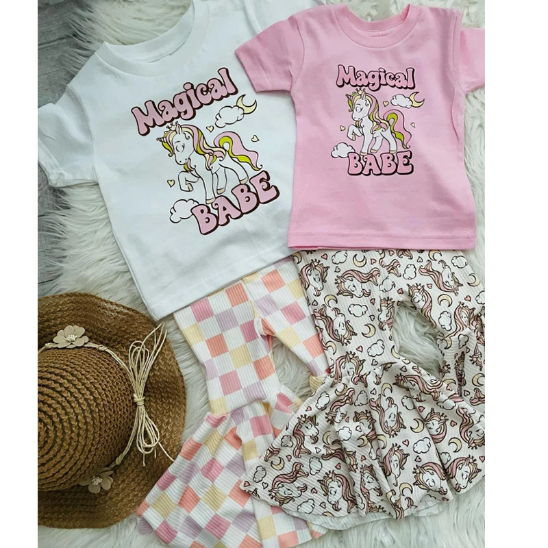 FOCUSNORM 2 adet Küçük Bebek Kız Tatlı Giyim Setleri 0-3Y Harfler At Baskı Kısa Kollu Kazak T-shirt Ekose Flare Pantolon