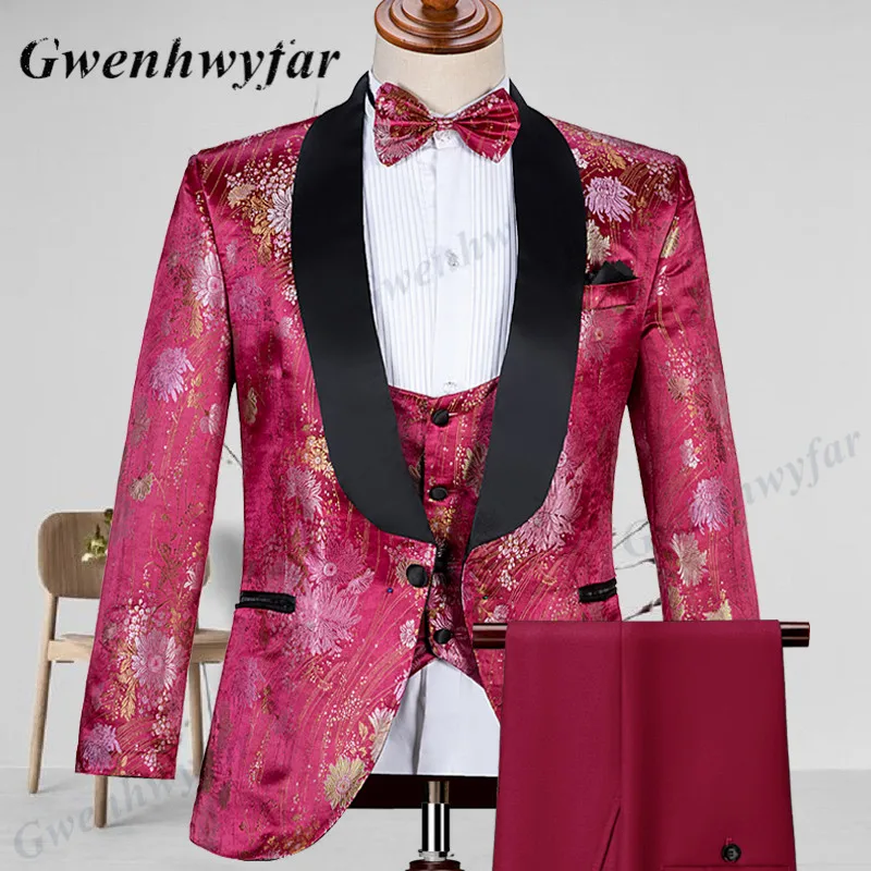 Gwenhwyfar Şal Siyah Yaka Şarap Kırmızı erkek Smokin 2022 Aktinya Desen erkek Parti Kostüm Homme Moda Düğün Erkek Takım Elbise Seti