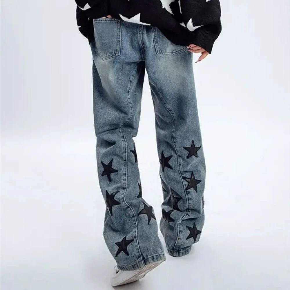 Harajuku Hip Hop Yıldız Nakış Boy Kot Erkekler Punk Gotik Düz Geniş Bacak Pantolon Streetwear Kaykay