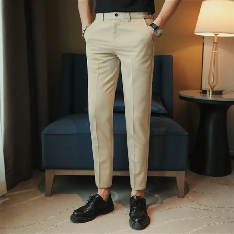Harajuku İngiliz Tarzı Ayak Bileği Uzunluğu takım elbise Pantolon Erkekler İçin Giyim Moda Elastik Bel Slim Fit Casual Ofis Pantolon