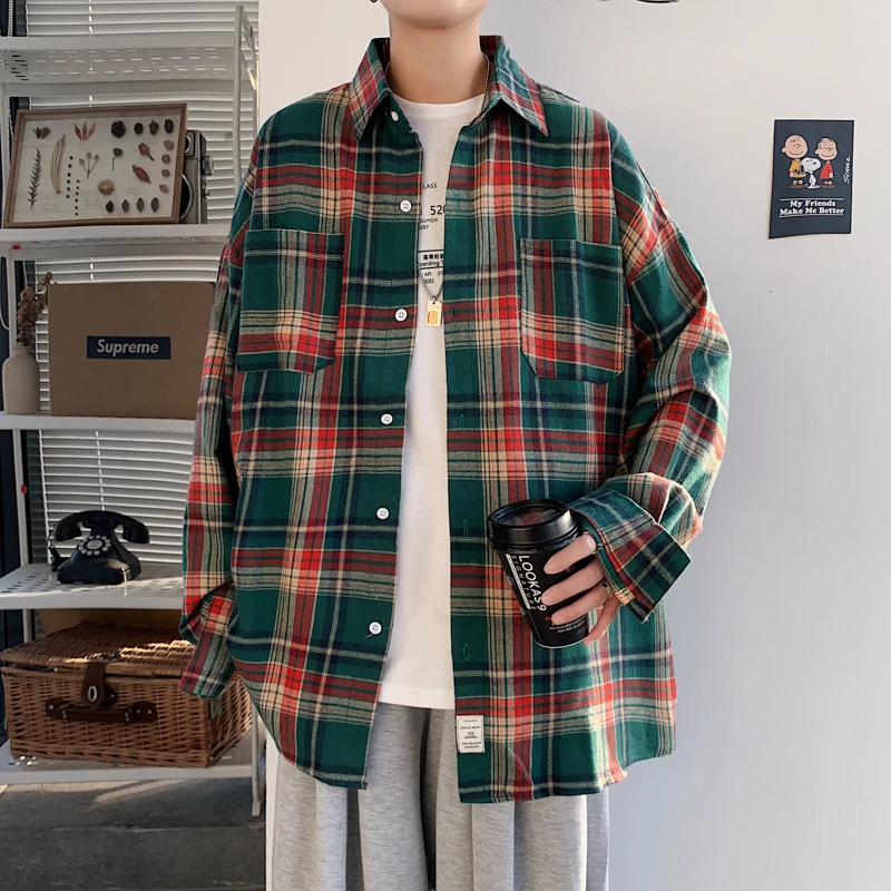 Harajuku Uzun Kollu Ekose Gömlek Erkekler Büyük Boy M-5XL Sonbahar Şık Gevşek Vintage Yüksek Sokak Tüm Maç Beyefendi Camisa