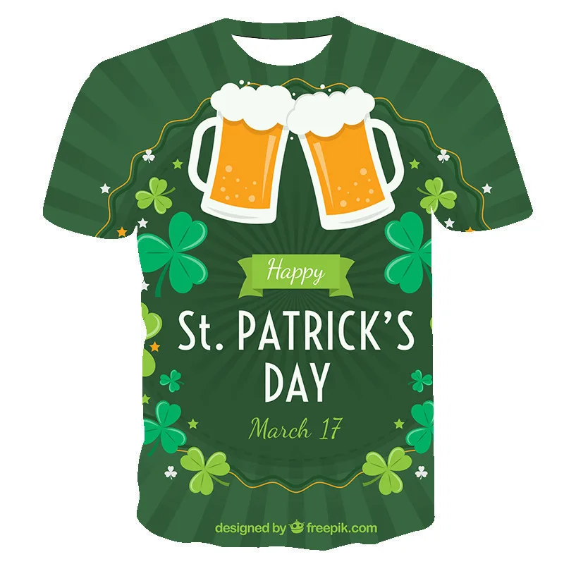 İrlandalı Aziz Patrick Günü T-shirt Hayvan Yeşil Yonca 3D Baskı T-shirt Moda Rahat erkek gömleği