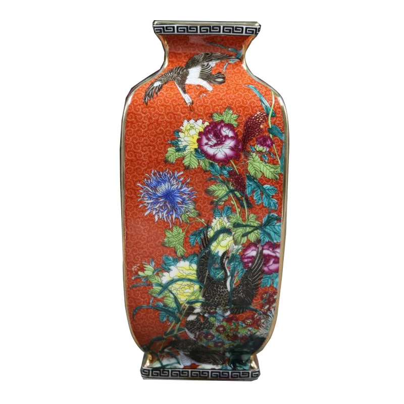 Jingdezhen Antika Seramik Emaye Vazo Kare Vazolar Çiçekler Ve Kuşlar Desen Antik Ming ve Qing Porselen