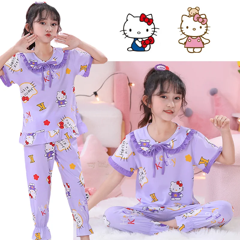 Kawaii Karikatür Sanrio çocuk pijamaları Yaz Kısa Kollu Pantolon Sevimli Anime Kız MyMelody Cinnamoroll Kuromi Gecelik Seti Hediye