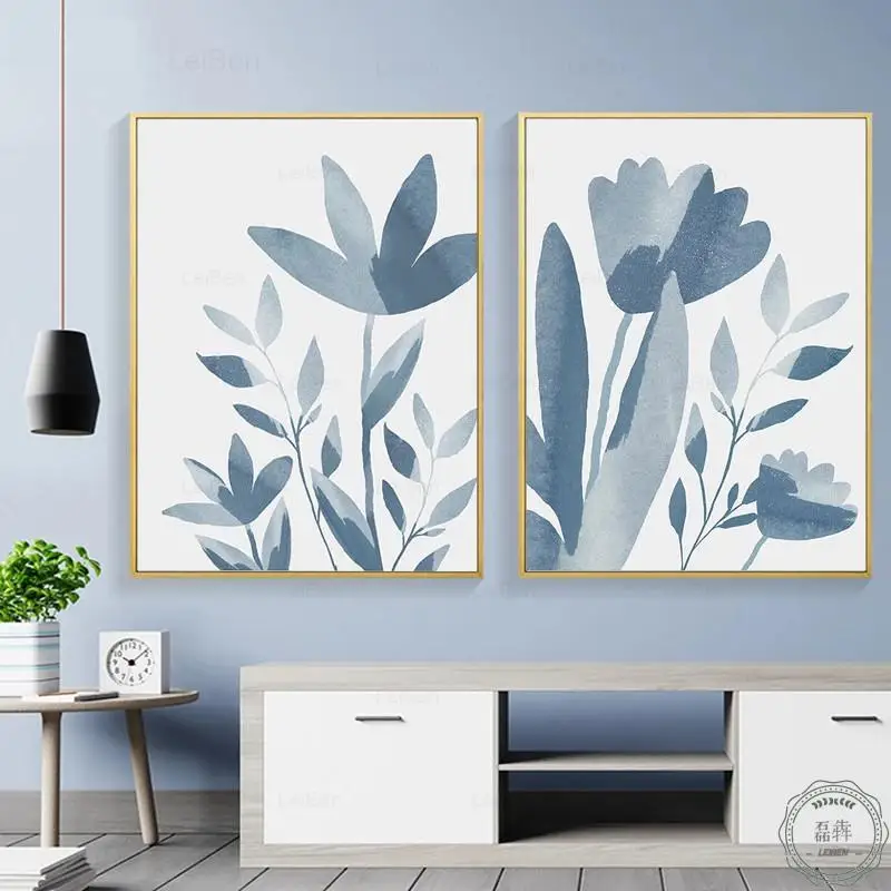 Kore Minimalist Suluboya Açık Mavi Çiçekler Posteri Soyut Bitkiler Tuval Boyama Duvar Sanatı Resimleri için Modern Ev Dekor