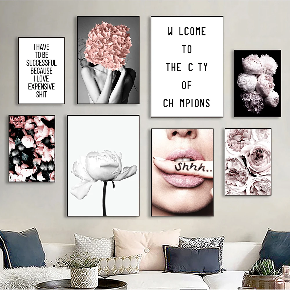Krem Şakayık Çiçek Odası Rahat sanat dekoru Ortanca Pembe Allık Poster Baskı İlham Kız Moda Dudaklar Ev Tuval Boyama