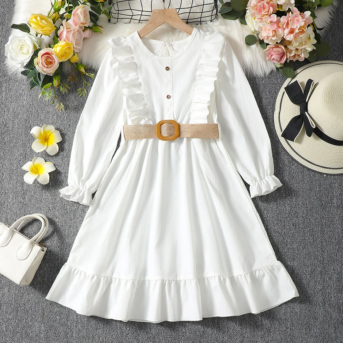 Kızların ilkbahar ve sonbahar uzun kollu dantel elbisesi 8-12 yaş kızların uzun kollu beyaz elbisesi