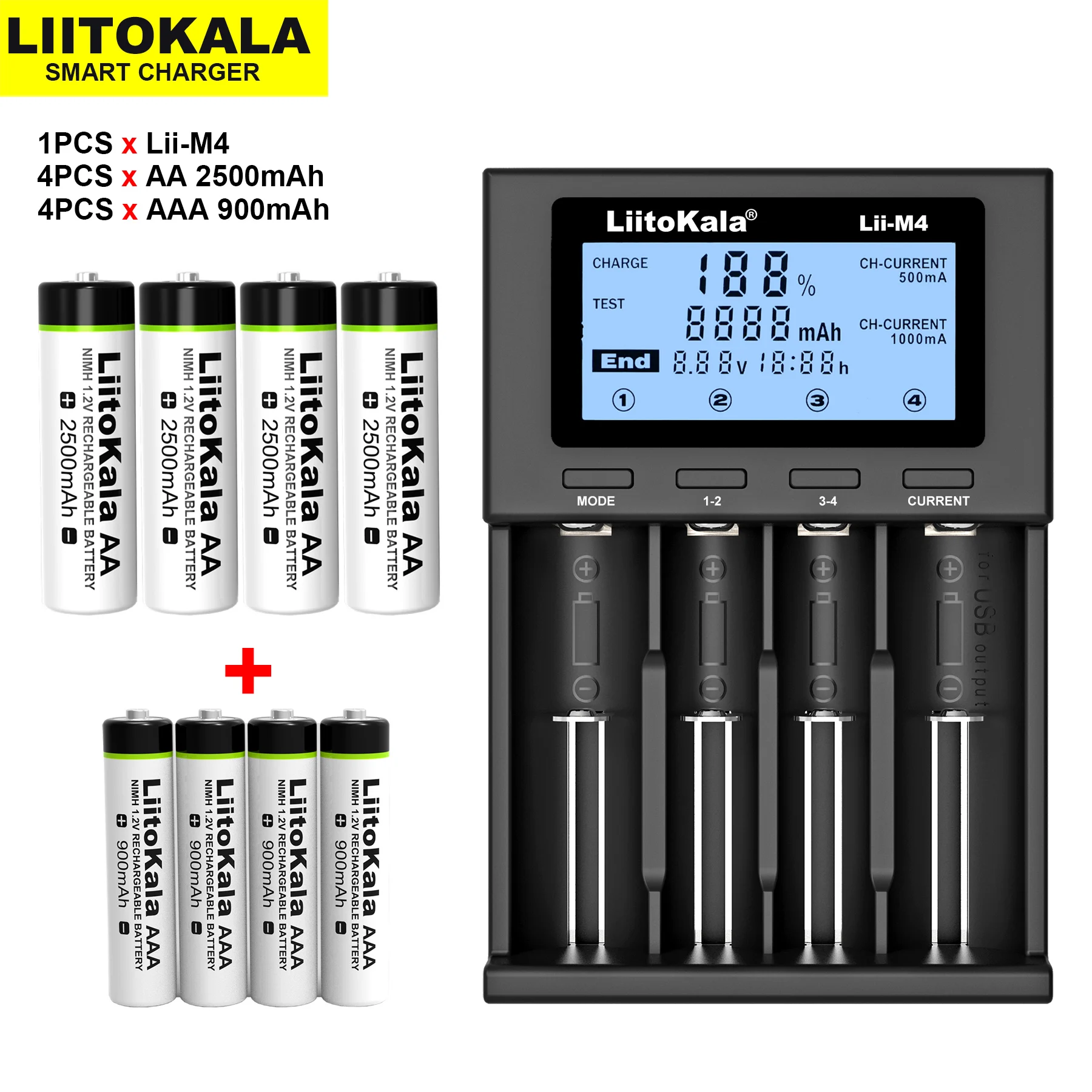 Liitokala AA 2500mAh AAA 900mAh 1.2 V nimh şarj edilebilir pil için uygun oyuncaklar, fareler, elektronik terazi , vb + Lii-M4 şarj cihazı