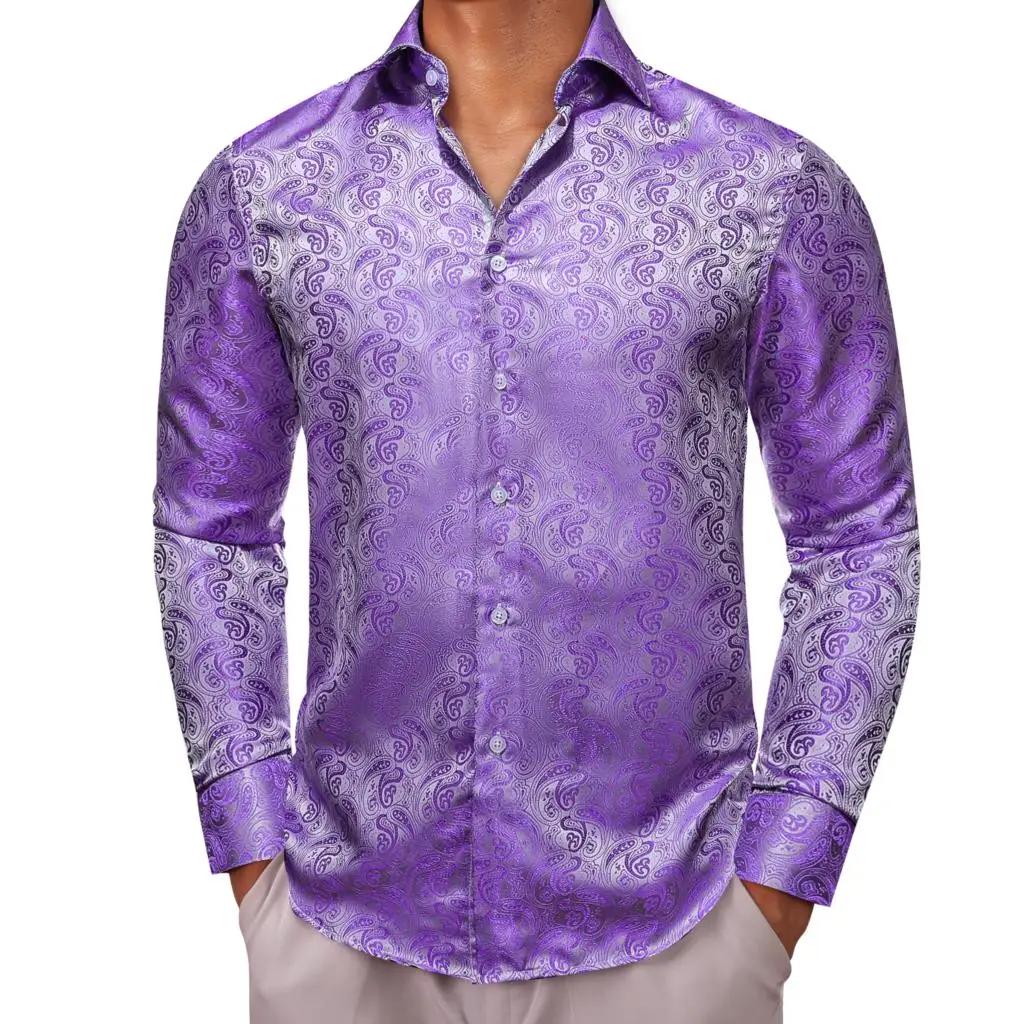 Lüks Uzun Kollu Gömlek Erkekler için İpek Mor Paisley Çiçek Slim Fit Erkek Bluzlar Casual Resmi Üstleri Nefes Barry Wang