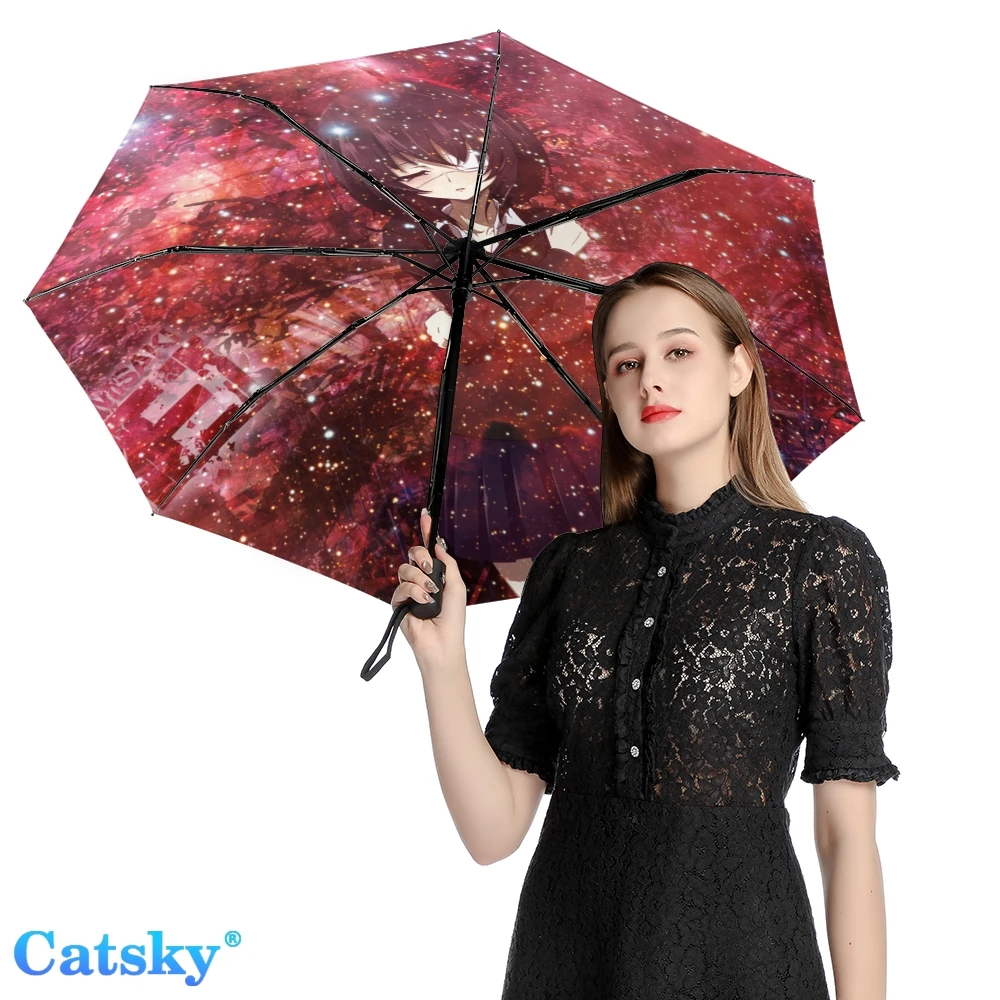 Mei Misaki Tam Otomatik Üç Katlanır Şemsiye W / Siyah Kaplama Anti-Uv Güneş koruyucu Şemsiye Kadın Yağmur Şemsiye
