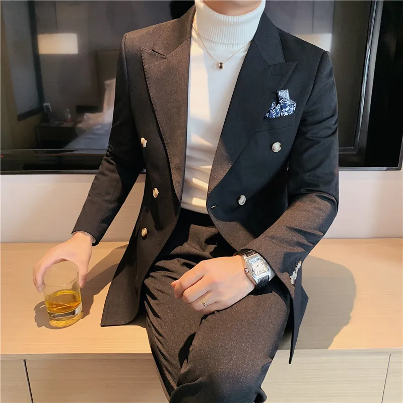 Moda Sıcak Satış Kruvaze Erkek Takım Elbise 2 Adet Düğün Smokin Vintage Fit Resmi Erkek Takım Elbise Damat Giyim Tüvit (Ceket + Pantolon)