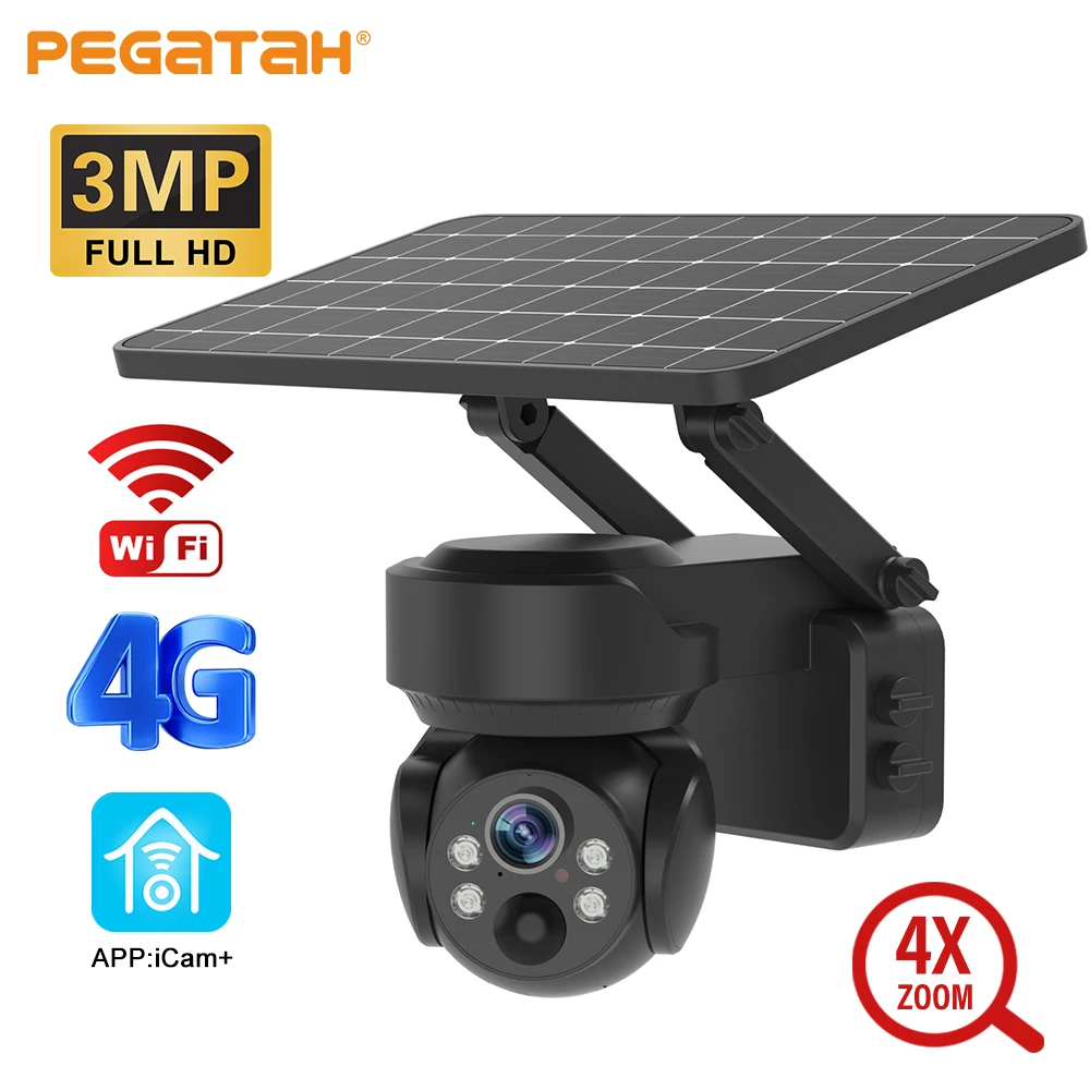 PEGATAH 3MP Güneş Kamera Açık 4G / Wifi Kamera 4X Optik Zoom Hareket Algılama Tam Renkli Gece Görüşlü Güvenlik IP Kameralar