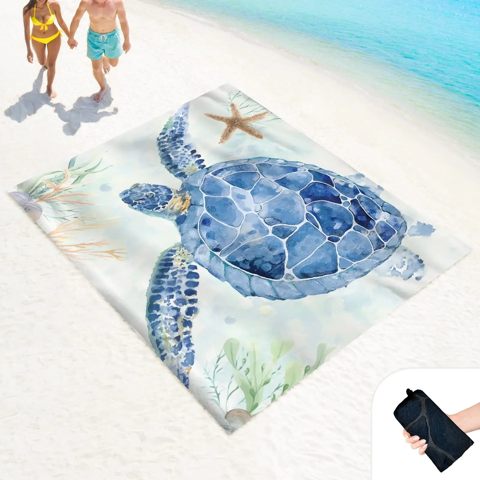 Plaj battaniyesi Kum Geçirmez Su Geçirmez Kum Ücretsiz Mat ile Köşe Cepler ve Örgü Çanta için Açık, Piknik, Seyahat, Suluboya Kaplumbağa