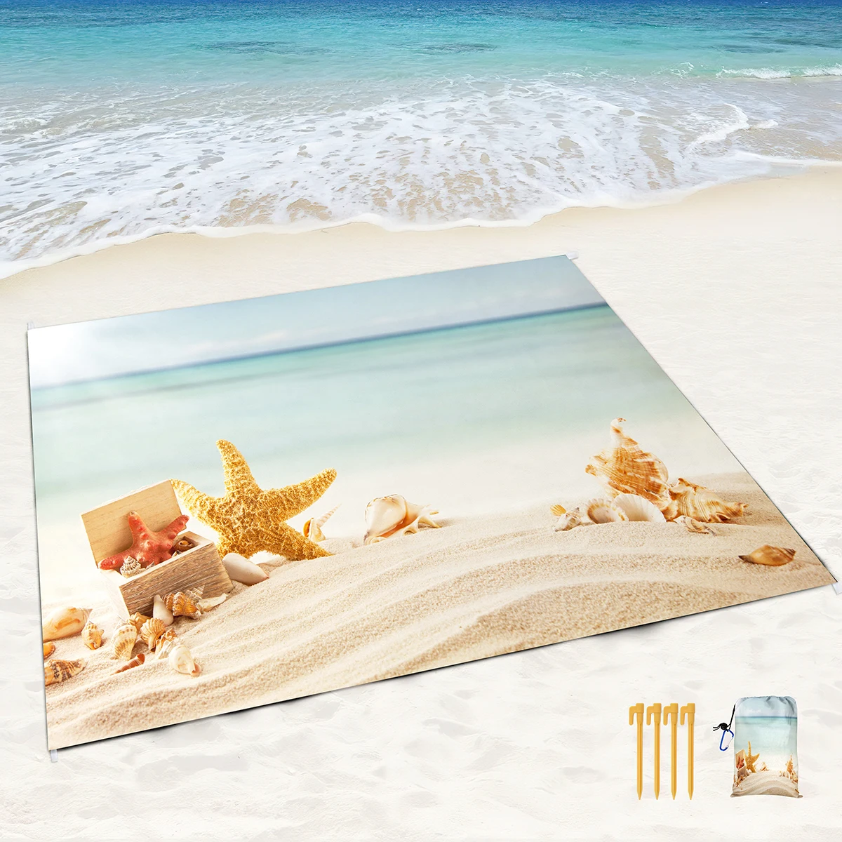 Plaj Kabuk Denizyıldızı Kum Geçirmez plaj battaniyesi Kum Geçirmez Mat Köşe Cepler ve Örgü Çanta Plaj Partisi için, Seyahat, Kamp