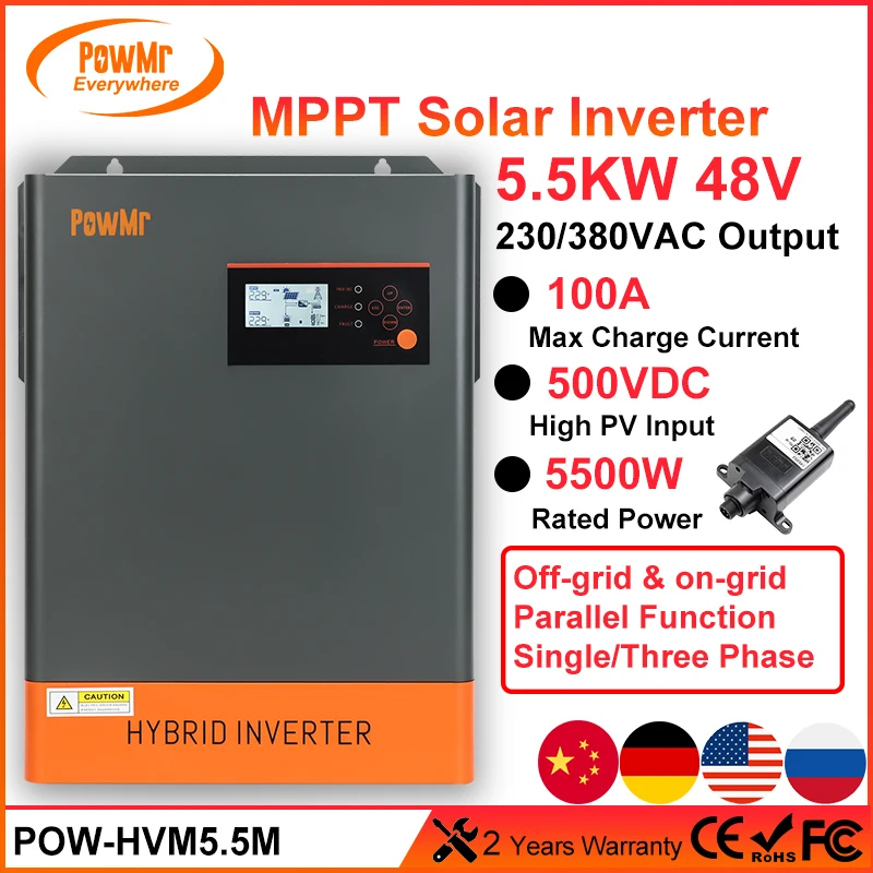 PowMr 5.5 KW 48V Izgara Bağlı / Kapalı ızgara hibrid güneş inverteri Desteği Paralel 230VAC ve 380VAC Çıkışı MPPT 100A Şarj Regülatörü