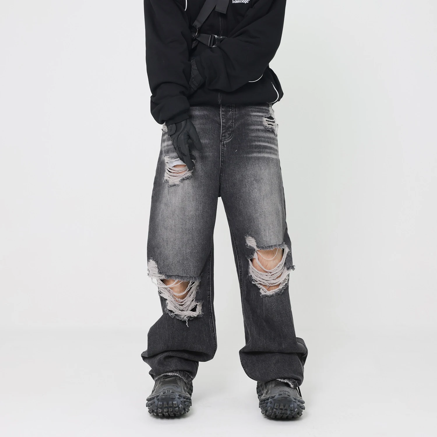 Retro Siyah Mavi Düz Büyük Boy Yıkanmış Yırtık Kot Düz Renk Yırtık Kot Baggy Hip Hop Tahrip Erkekler Geniş Bacak Kot Pantolon
