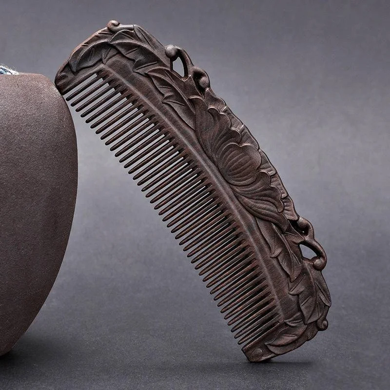 Siyah Sandal Ağacı Tarak Kolu Çift taraflı Oyma İnce diş Tüm Ahşap Tarak Antika Hediye Masaj Pürüzsüz Saç Anti-statik