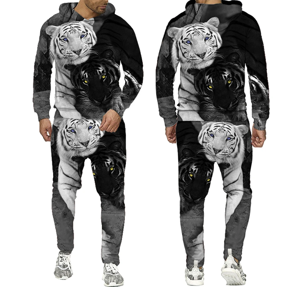 Siyah ve Beyaz Kaplan 3D Baskılı erkek Kazak Hoodies Seti erkek Aslan Eşofman / Kazak / Pantolon Spor İlkbahar Sonbahar