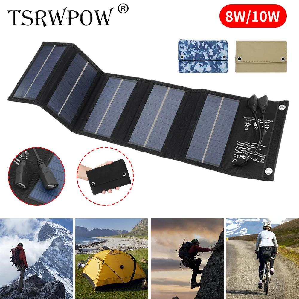 TSRWPOW Taşınabilir güneş panelı 5V 8/10W Katlanır güneş enerjisi şarj cihazı Paneli Açık USB Güç Bankası güneş panelı Cep tablet telefon PC