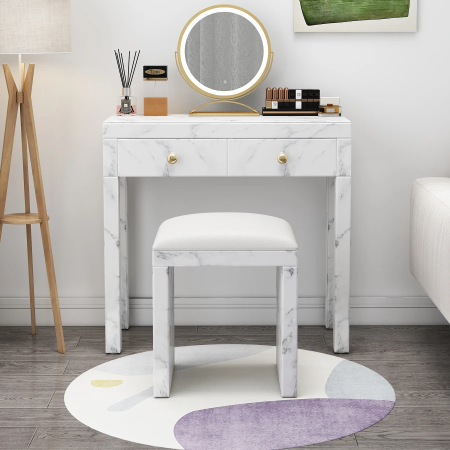 Tuvalet masası Tabure makyaj masası seti Temperli Cam Mermer Doku Dresser Modern yatak odası mobilyası