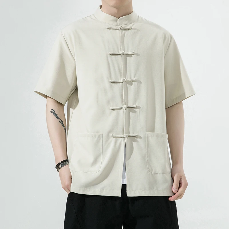 Yaz Erkek Çin Tarzı Gömlek 2023 Geleneksel Giyim Erkekler Vintage Yarım Kollu Şantuk pamuk gömlekler Mandalina Yaka Hanfu Kung Fu