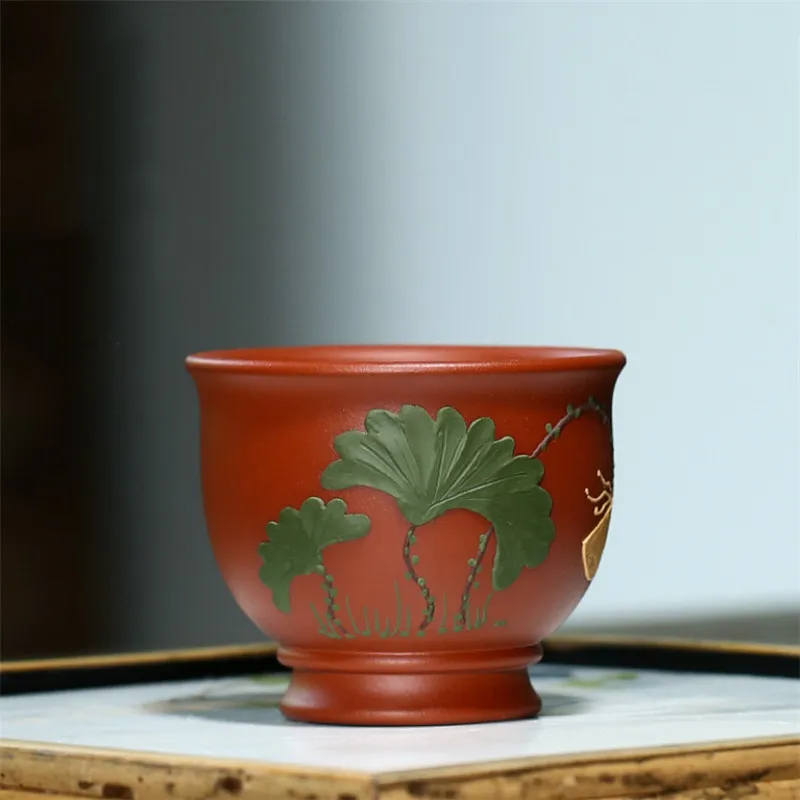 Yixing Mor Kil Çay Fincanı Lotus Eğlenceli Çamur Boyama Master Fincan Seramik Yaratıcı El Yapımı Küçük Kase Çin Kung Fu Drinkware