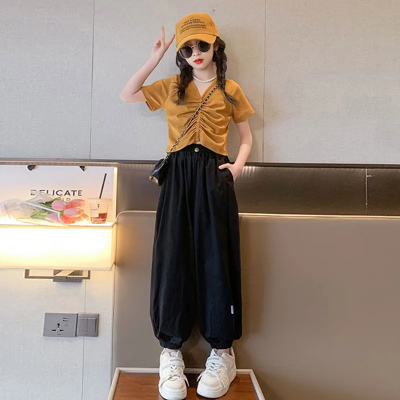 Çocuk Giyim Kore Streetwear Yaz V Yaka Kırpma Üst + Sweatpants Seti Genç Kızlar Rahat Tarzı Kıyafetler 5 İla 14 yaşında