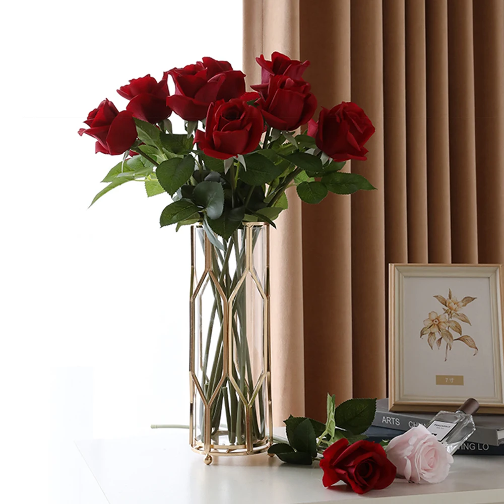 10 Adet yapay çiçekler Buket Kırmızı İpek Sahte Gül Çiçek Düğün Ev Masa Dekorasyon için Noel sevgililer Günü Hediyesi